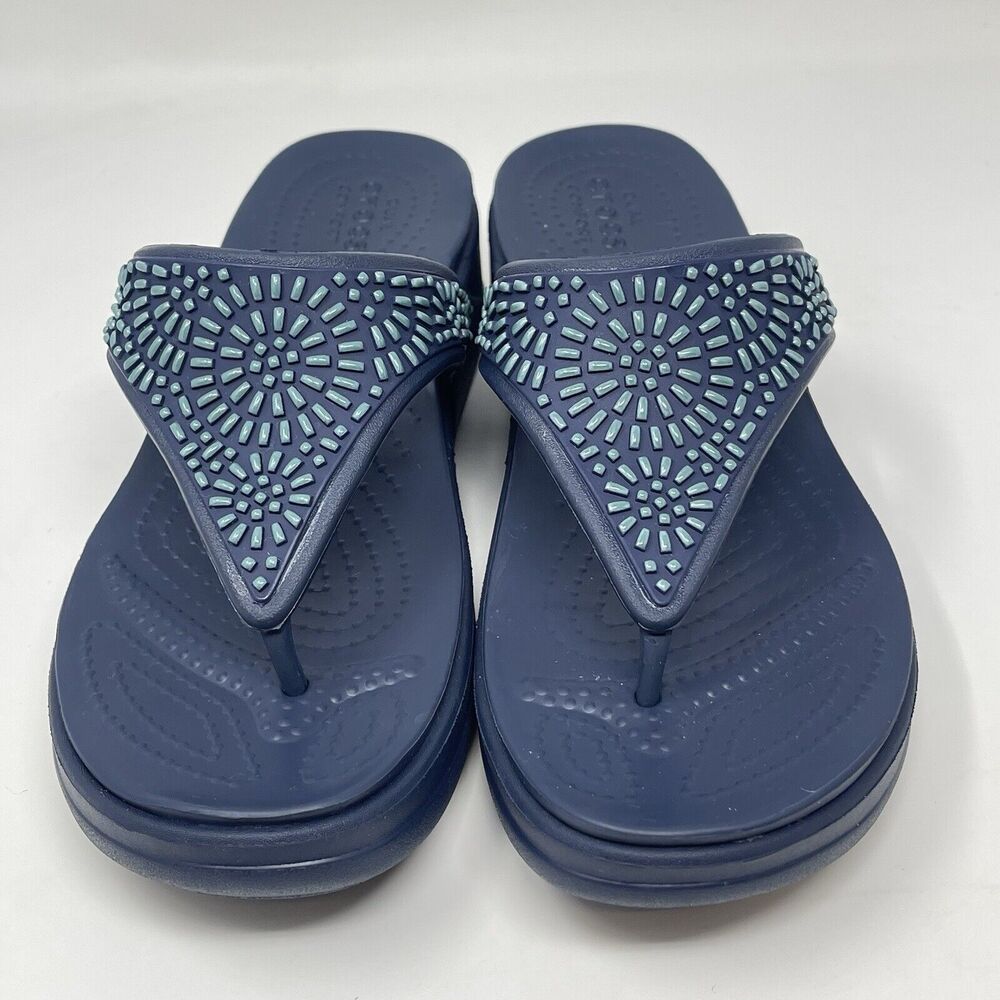 Crocs Monterey Diamante Wedge Sandals Womens 8 Blue Beaded Casual Comfort Boho